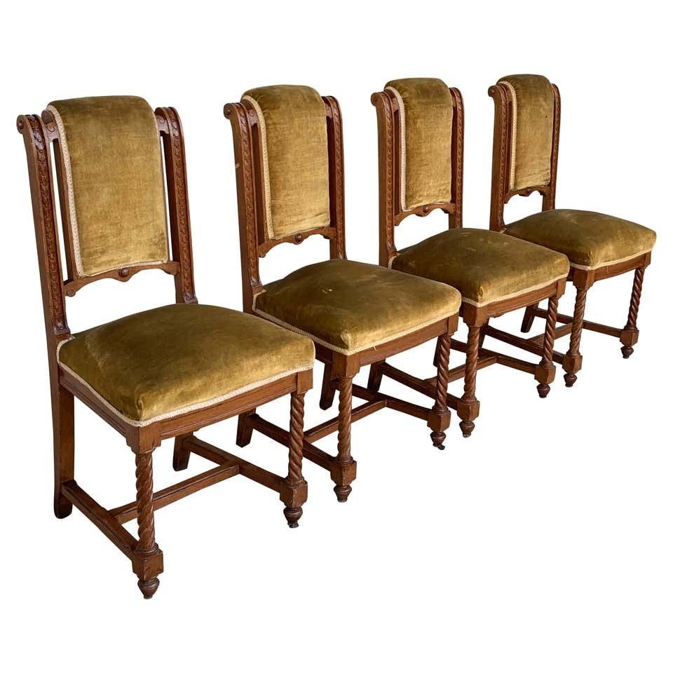 Set Of 4 Carved Dining Room Chairs In Louis XIII Style With Velvet Seat And Back