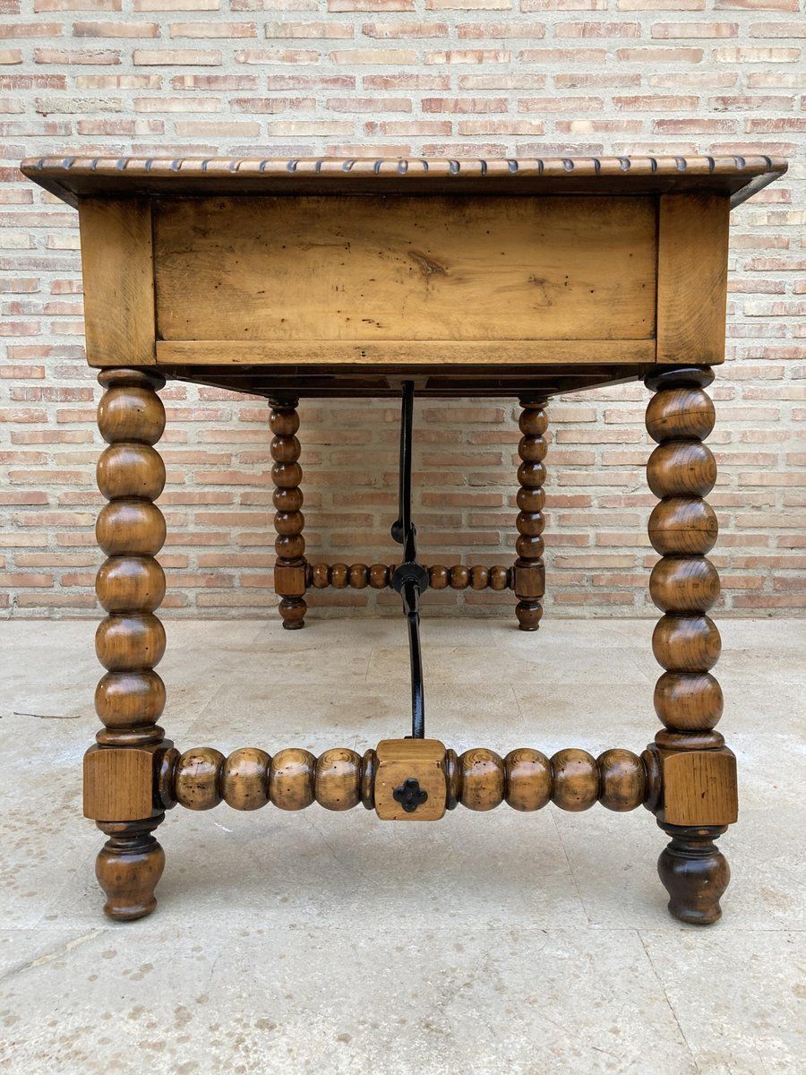 19th Century French Hand Carved Oak Desk With Iron Stretcher & Solomonic Legs photo vinterior