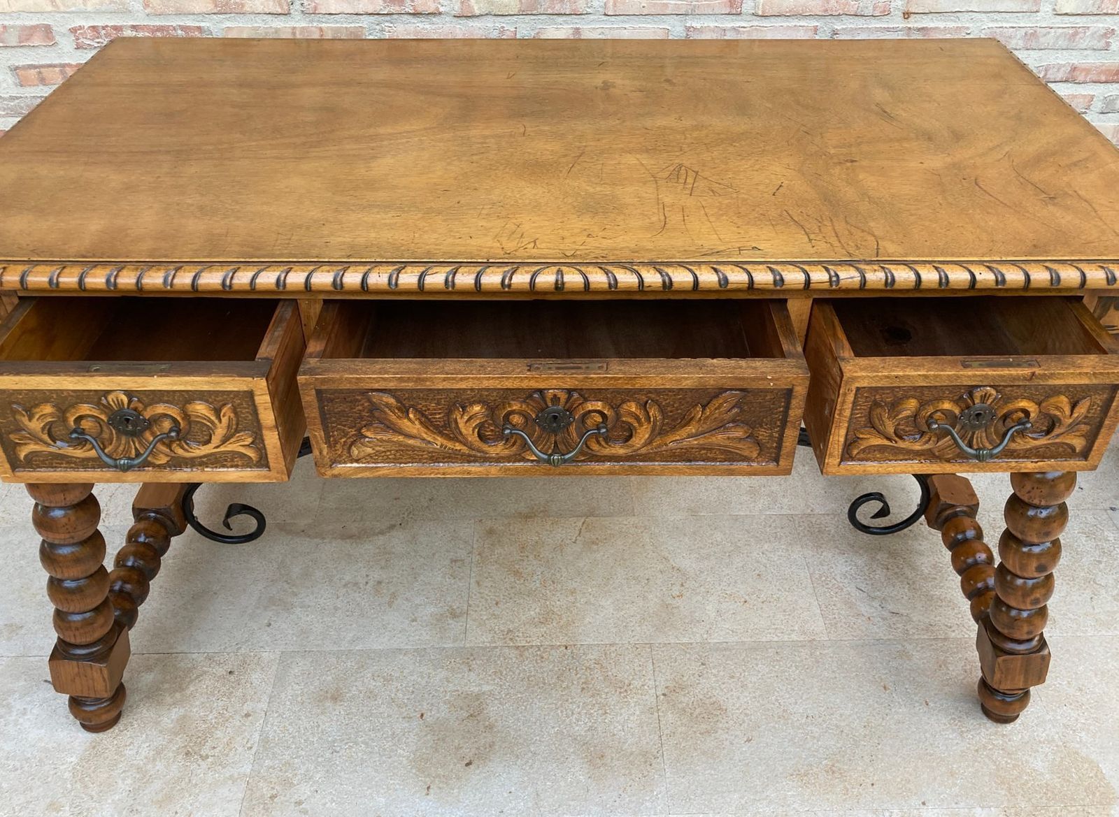 photo buy 19th Century French Hand Carved Oak Desk With Iron Stretcher & Solomonic Legs
