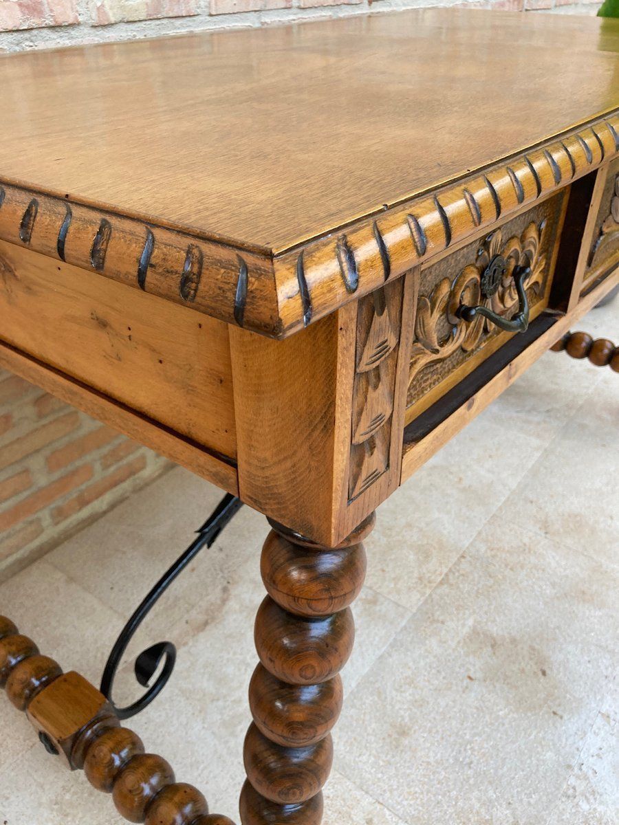photo vintage 19th Century French Hand Carved Oak Desk With Iron Stretcher & Solomonic Legs