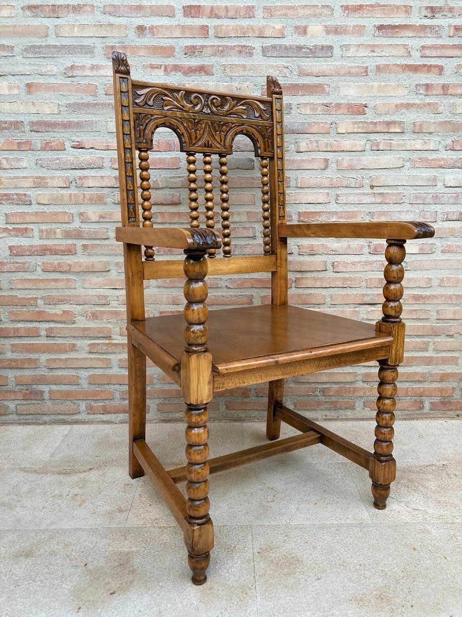 19th Century French Carved Oak Turned Wood Armchair