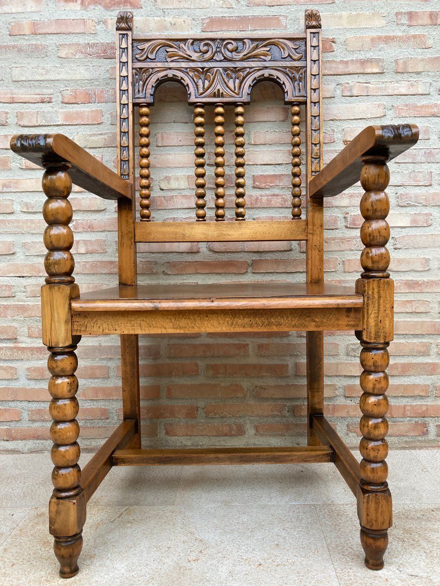 19th Century French Carved Oak Turned Wood Armchair photo furniture