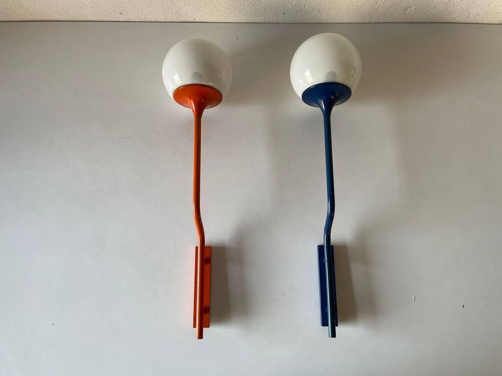 Very Rare Orange Dark Blue Long Metal Body And Glass Pair Of Sconces By Reggiani, 1970s, Italy photo furniture