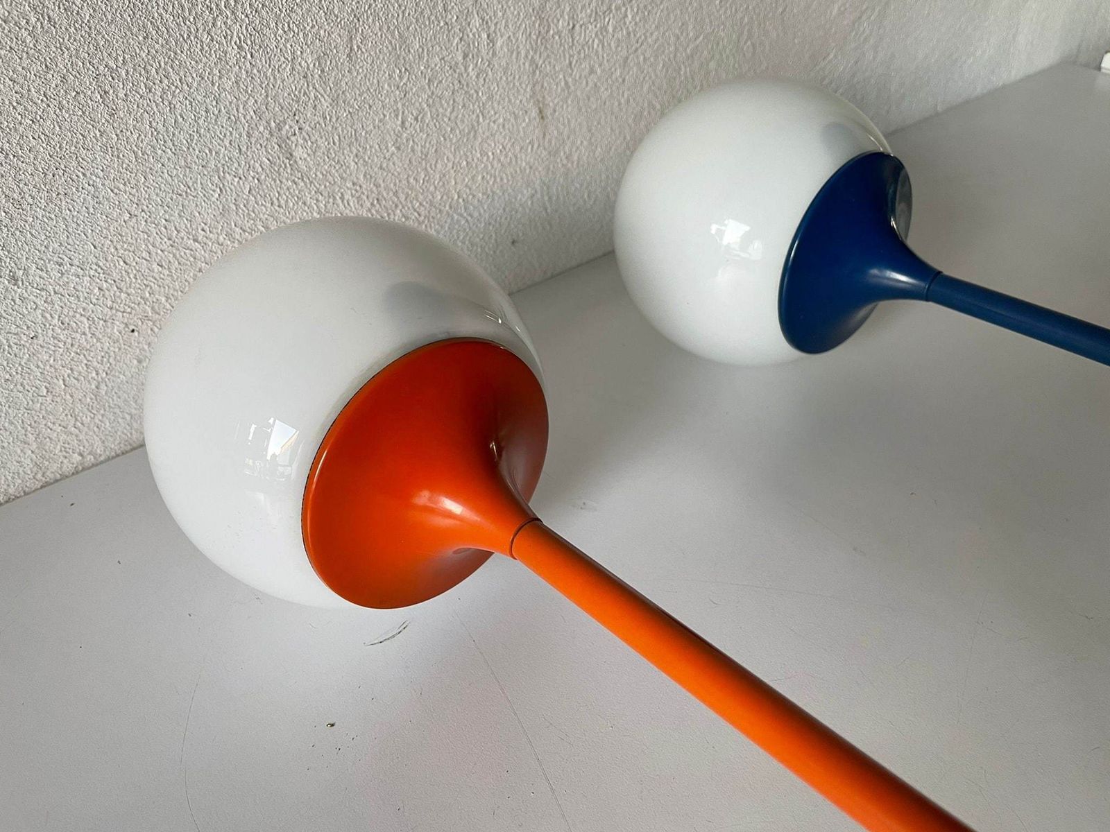 Very Rare Orange Dark Blue Long Metal Body And Glass Pair Of Sconces By Reggiani, 1970s, Italy photo vintage