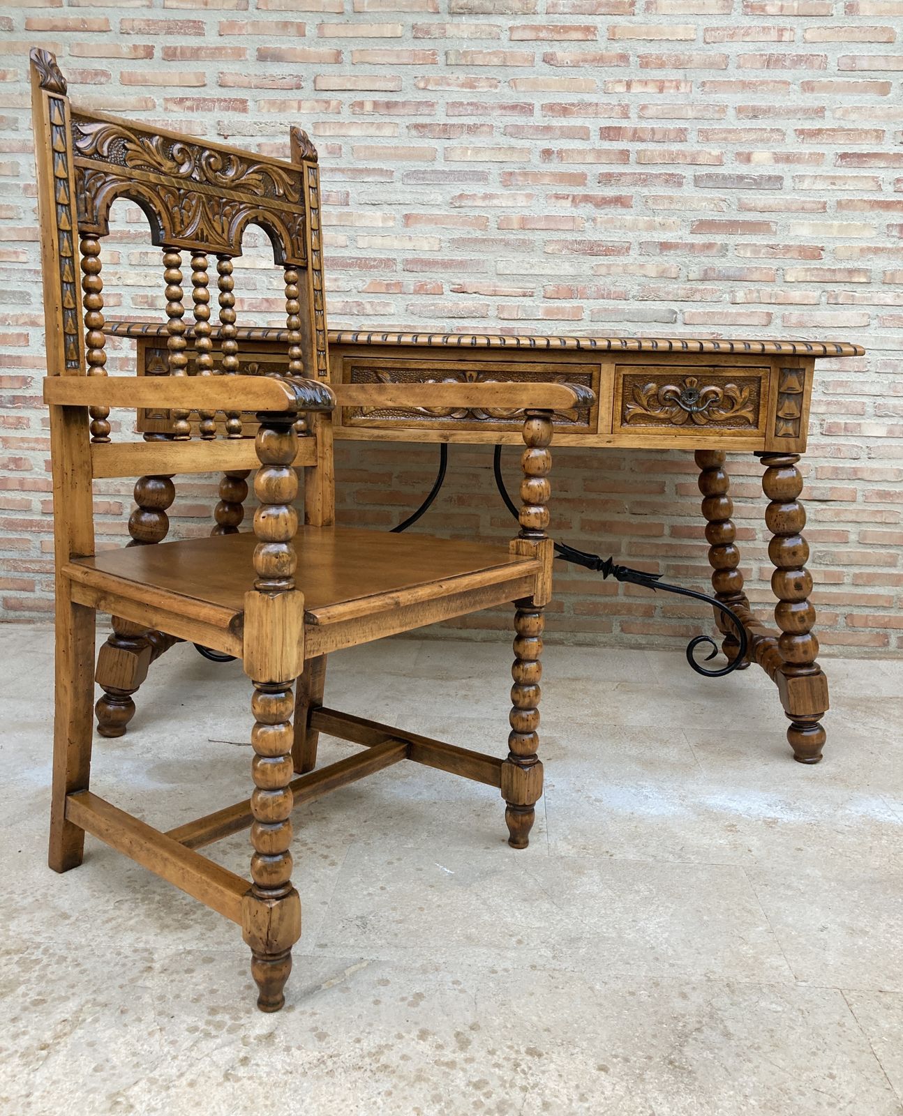 19th Century French Hand Carved Oak Wood Solomonic Leg Table Desk With Iron Stretcher And Armchair Set
