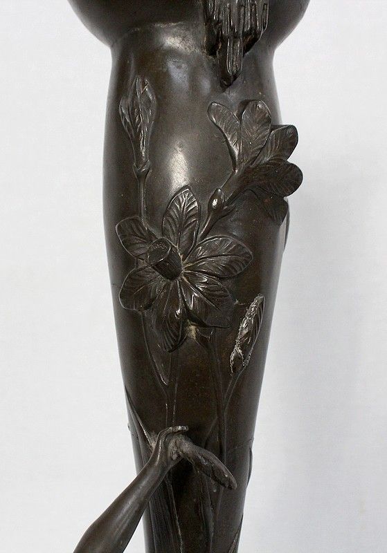 Top Pewter Vase, Young Woman Picking A Water Lily, Signed P. Jean, Art Nouveau, Early 20th Century photo vinterior