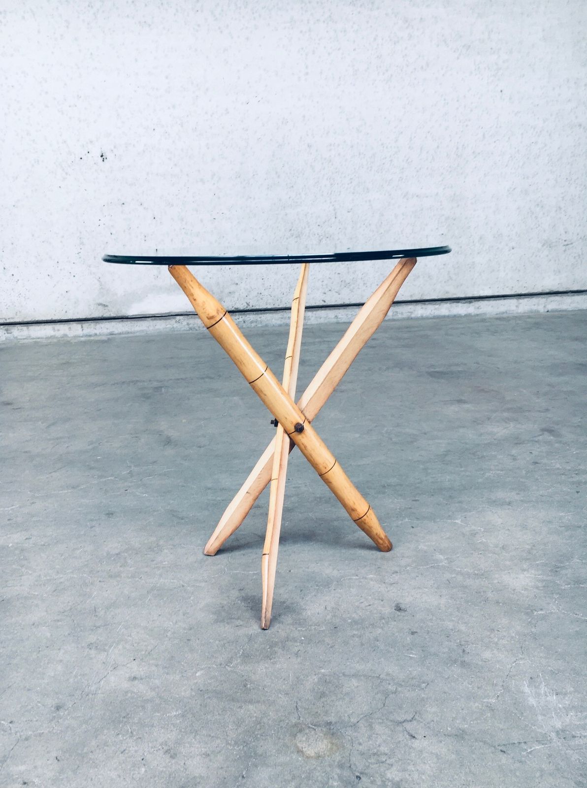 1970's Design Faux Bamboo Folding Tripod Side Table photo vinterior