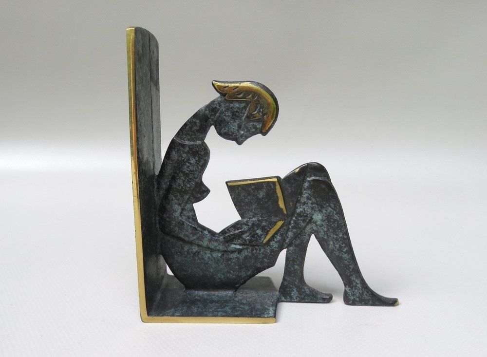 Home Decor Reading Girl Bookends In Brass With Black Green Patina, 1950s, Set Of 2 photo