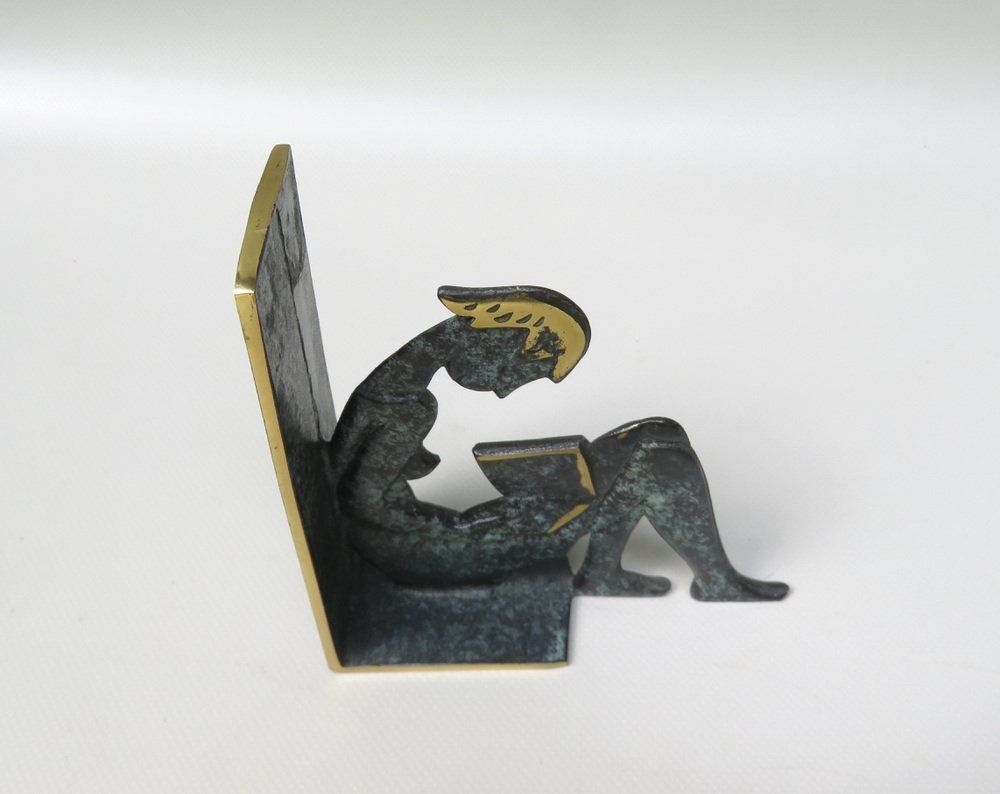 1264.8 Reading Girl Bookends In Brass With Black Green Patina, 1950s, Set Of 2 photo