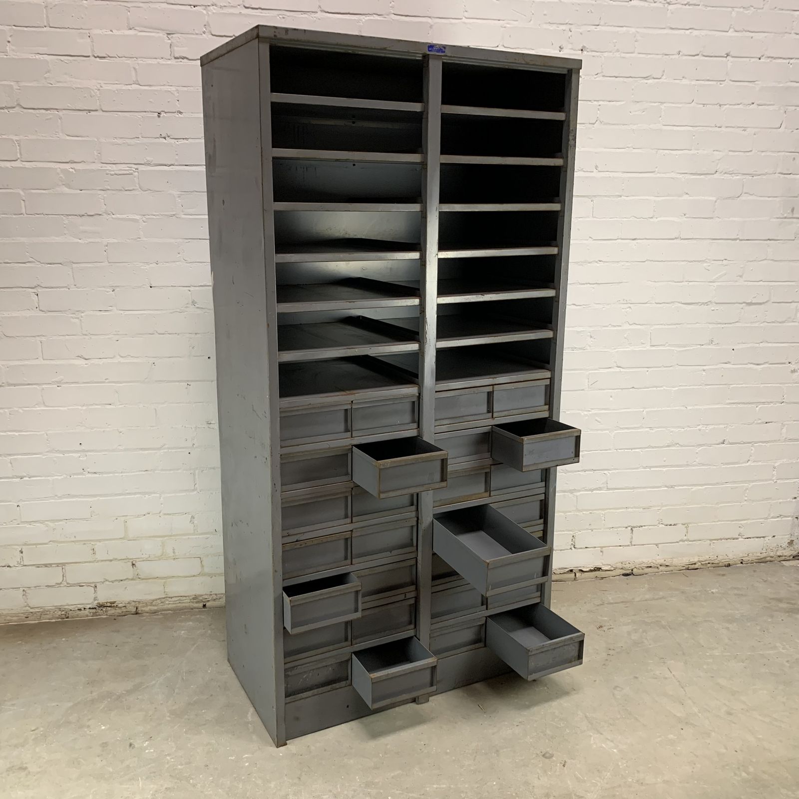 Tall Vintage Industrial Workshop Drawers And Shelving Unit photo for sale