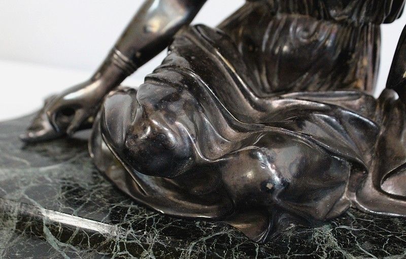 photo furniture Double Inkwell In Silvered Bronze On Sea Green Marble   1900