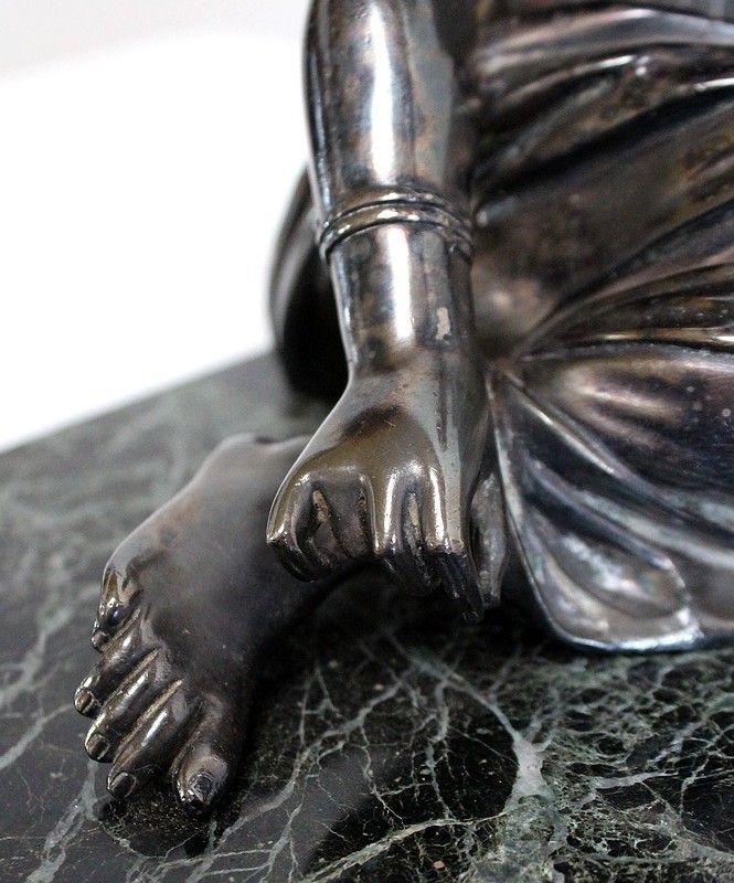 Home Decor Double Inkwell In Silvered Bronze On Sea Green Marble   1900 photo