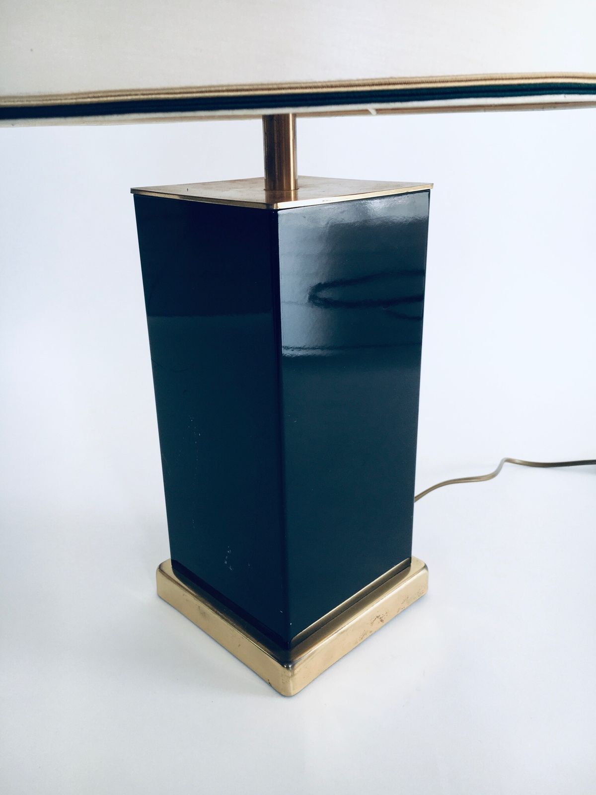 1970's Hollywood Regency Style Black & Gold Square Table Lamp photo vintage
