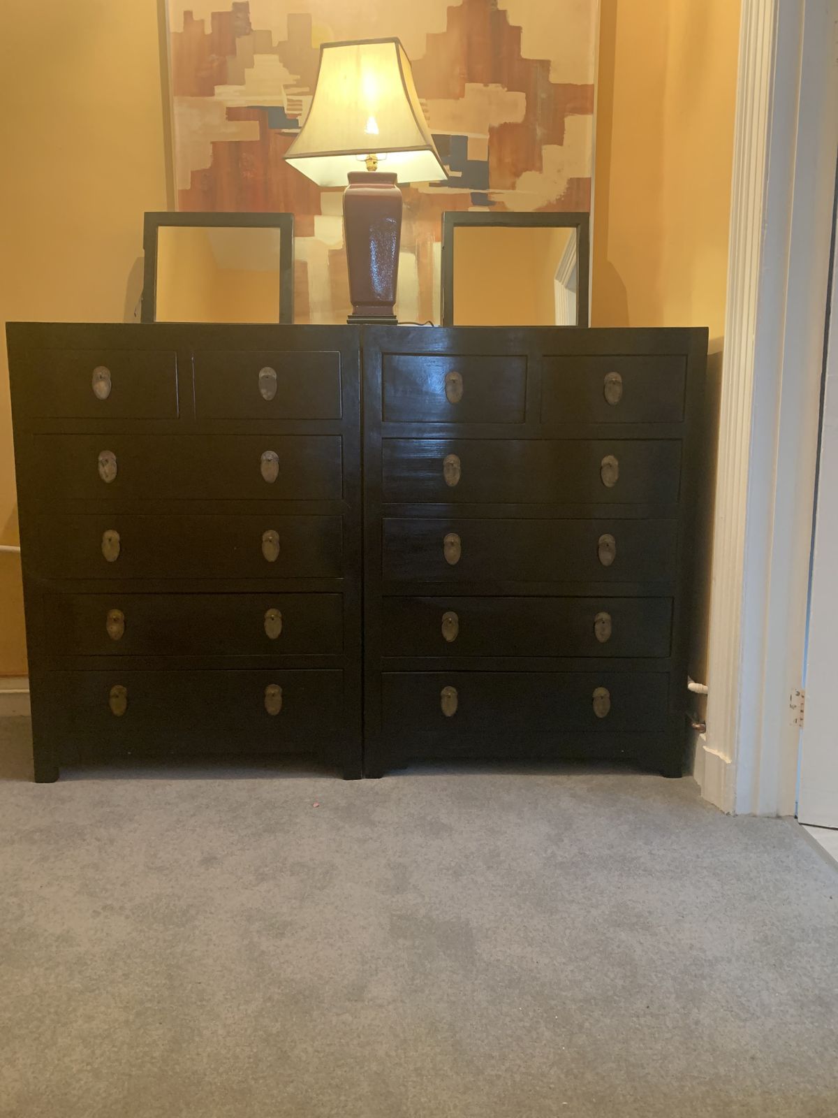 A Pair Of Vintage Black Lacquer Chinese Dressing Chests