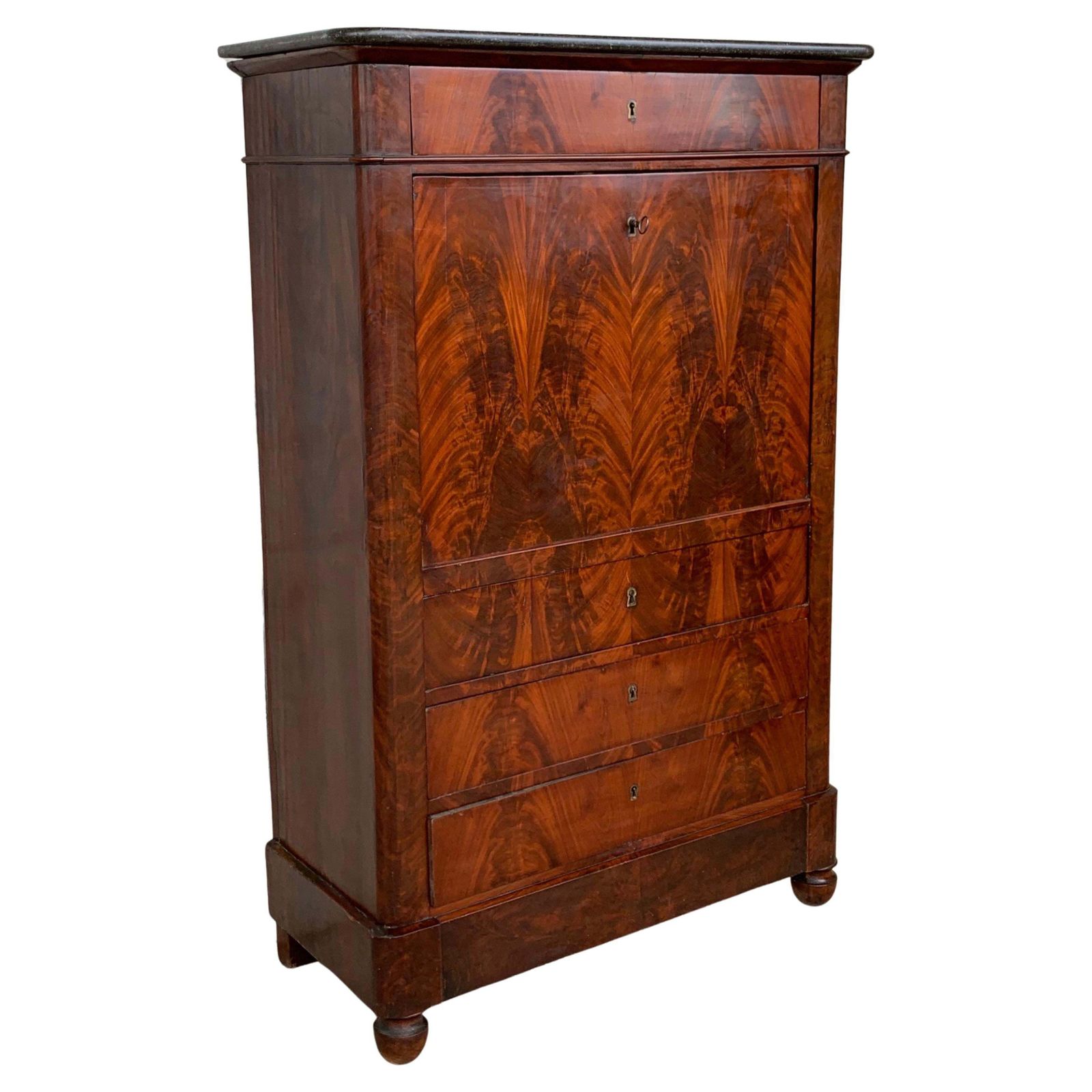 19th Century Classical Charles X Burled Mahogany Secretaire A Abattant