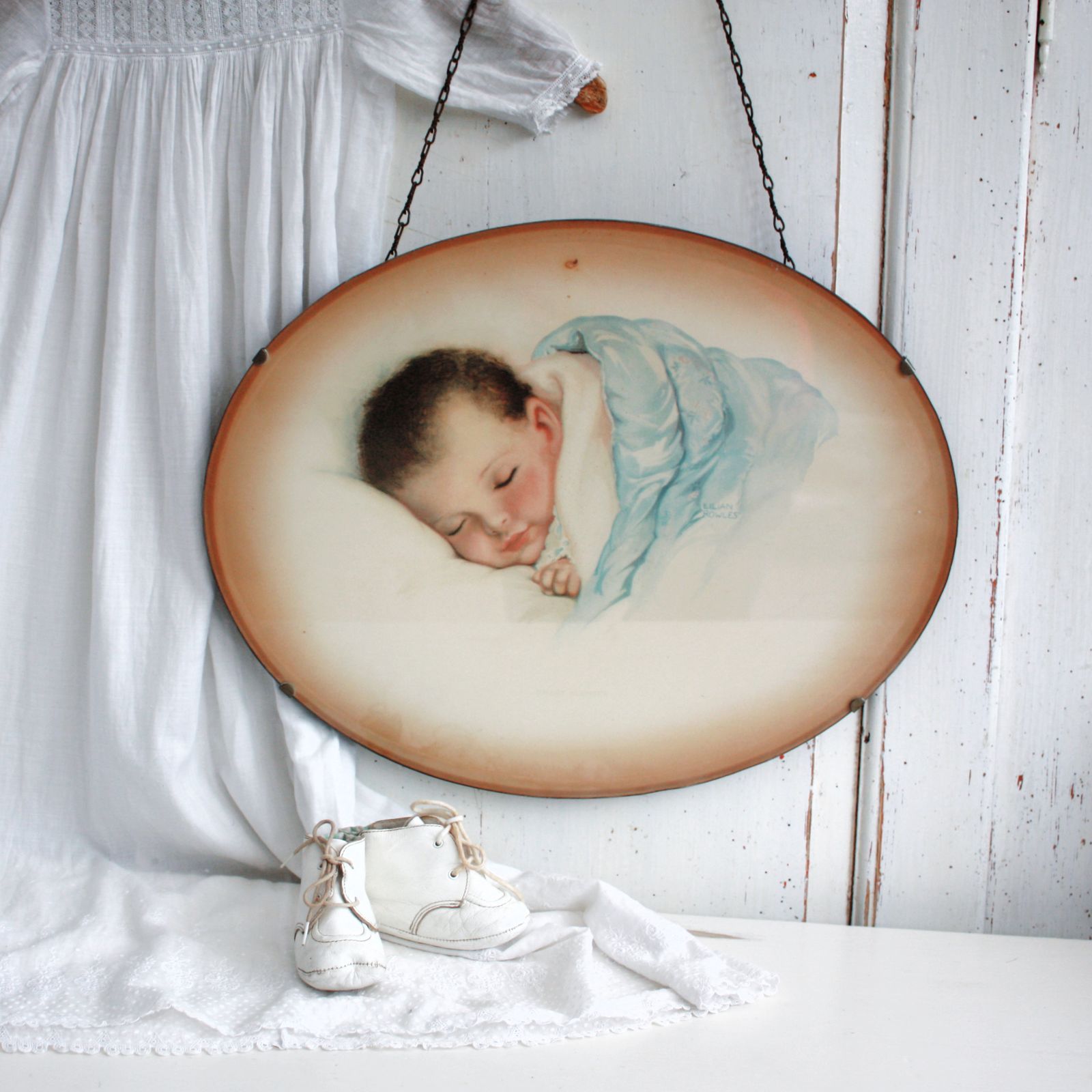 Large Glazed Oval 1930's Baby Print By Lilian Rowles