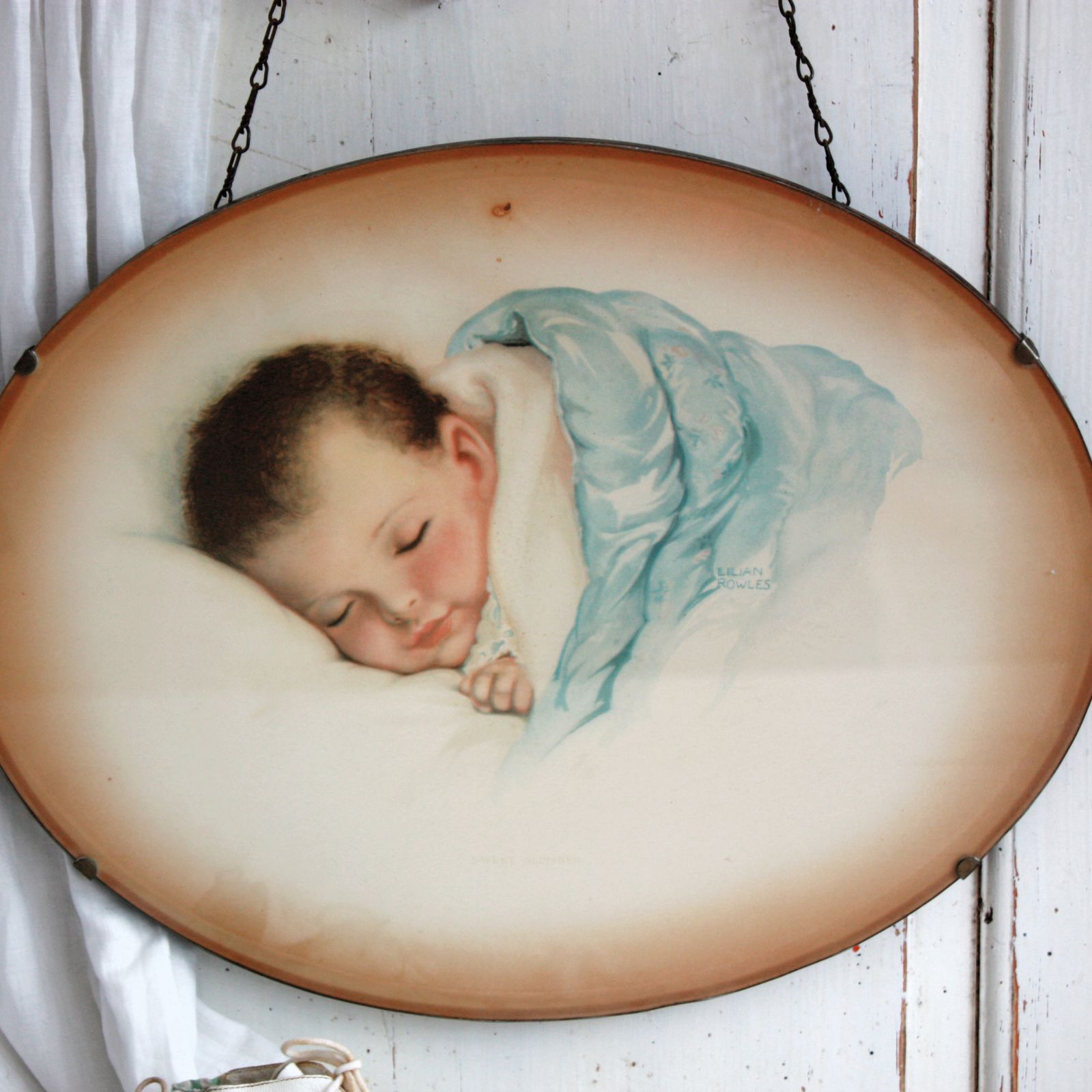 Large Glazed Oval 1930's Baby Print By Lilian Rowles photo Art