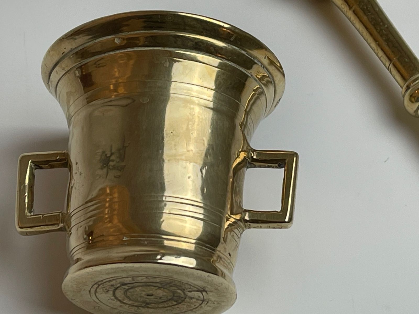 Antique Brass Mortar With Pistil, Stamped, 10 Centimeters High With 19.80 Cm Pistil photo buy