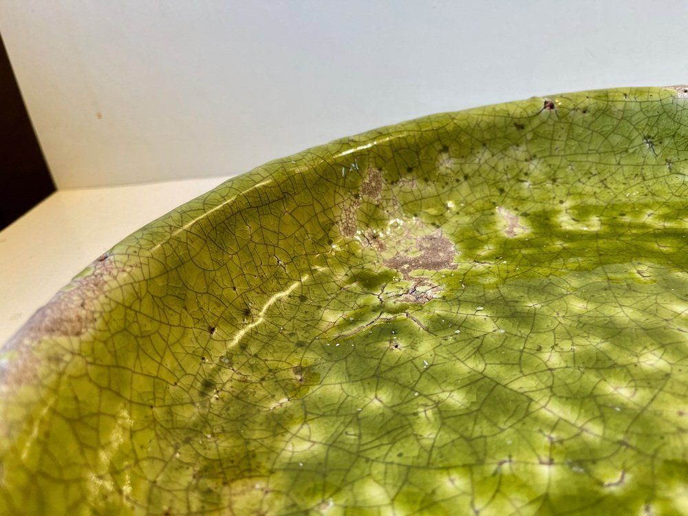 Large Green Stoneware Centerpiece In Raku Crackle Glaze photo vintage