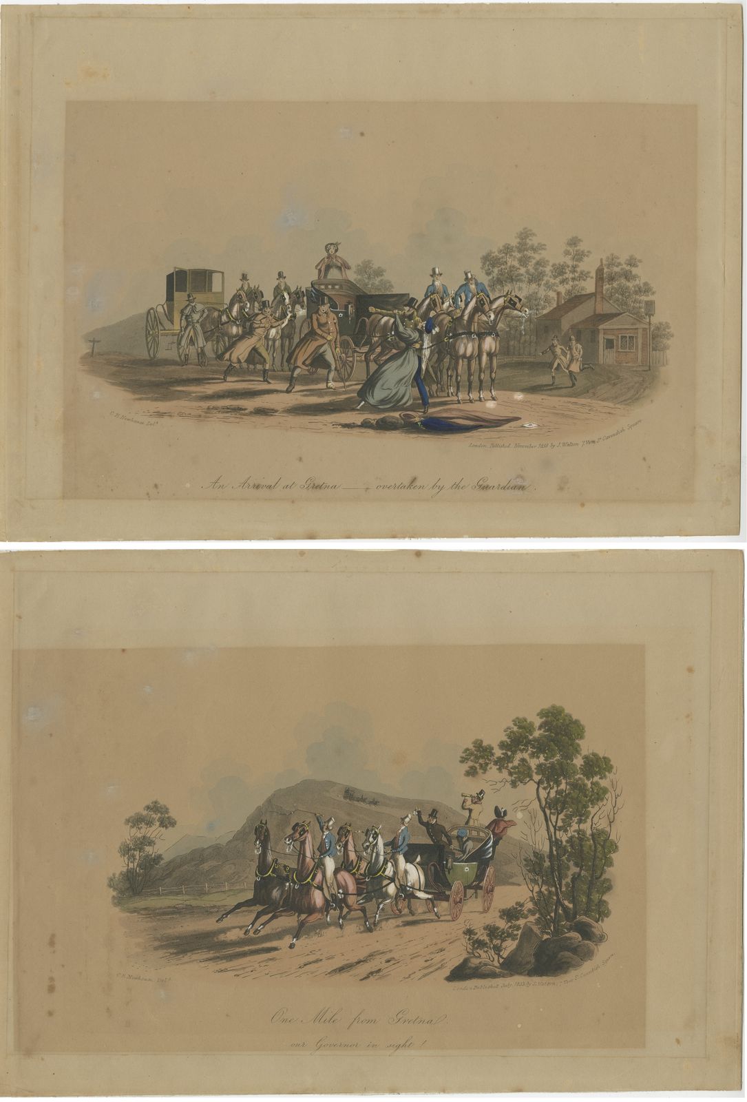 Set Of 2 Antique Prints With Scenes Near Gretna By Newhouse (1833)