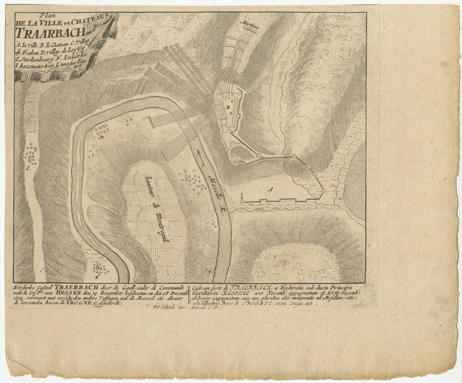 Antique Battle Plan Of Trarbach By Schenk (C.1710)