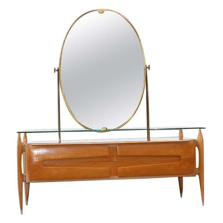 Silvio Cavatorta Chest Of Drawers In Maple With Mirror And Brass Mid Century