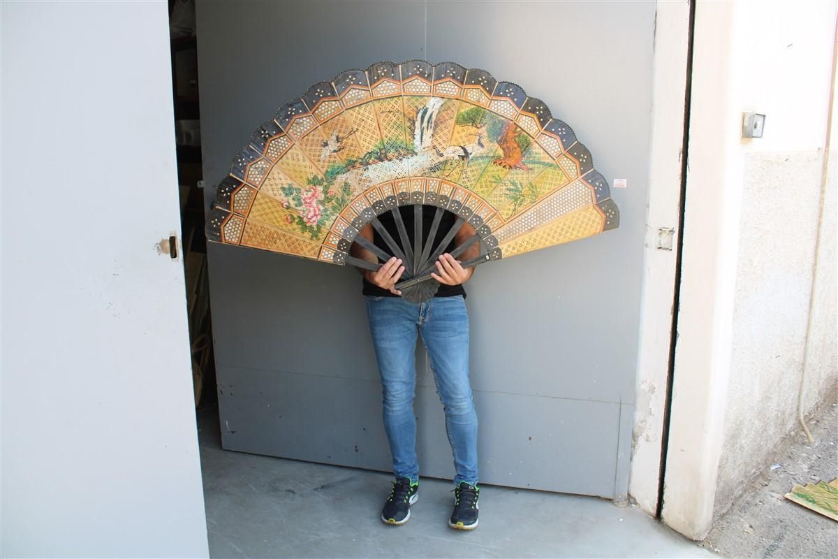 Decorative Mid Century Chinese Fan In Paper Decorated Painted Wooden Structure photo vintage