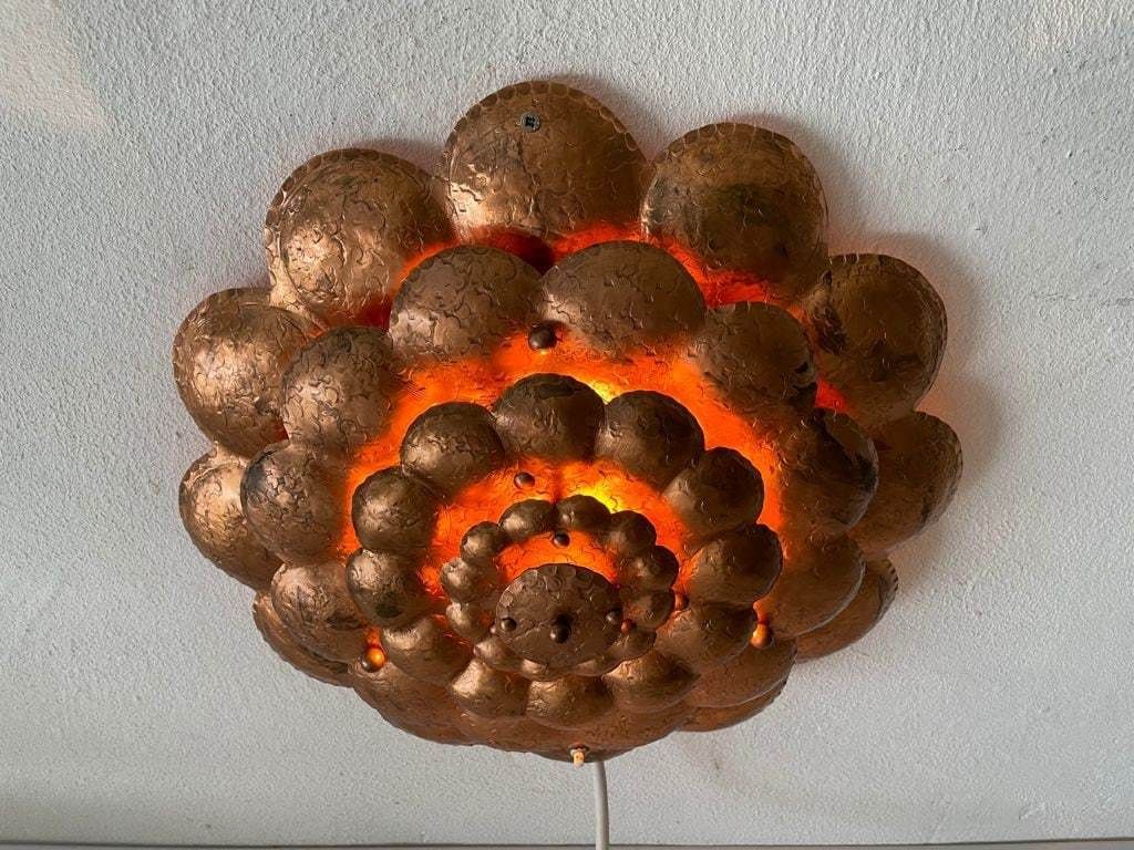 Copper Handcrafted Metal Flower Shaped Single Sconce Or Flush Mount Ceiling, 1950s photo Lighting