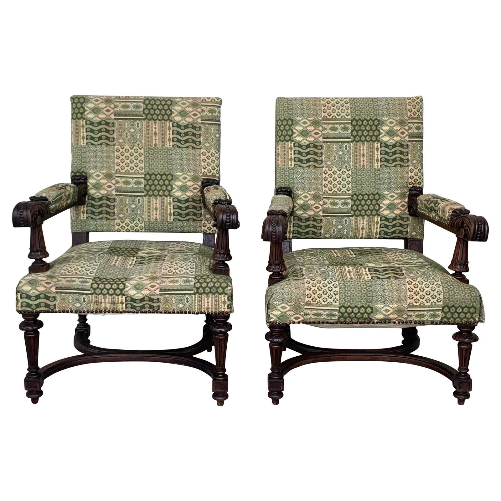 Louis XVI Style Spanish Pair Of Carved Walnut Armchairs, 1900s