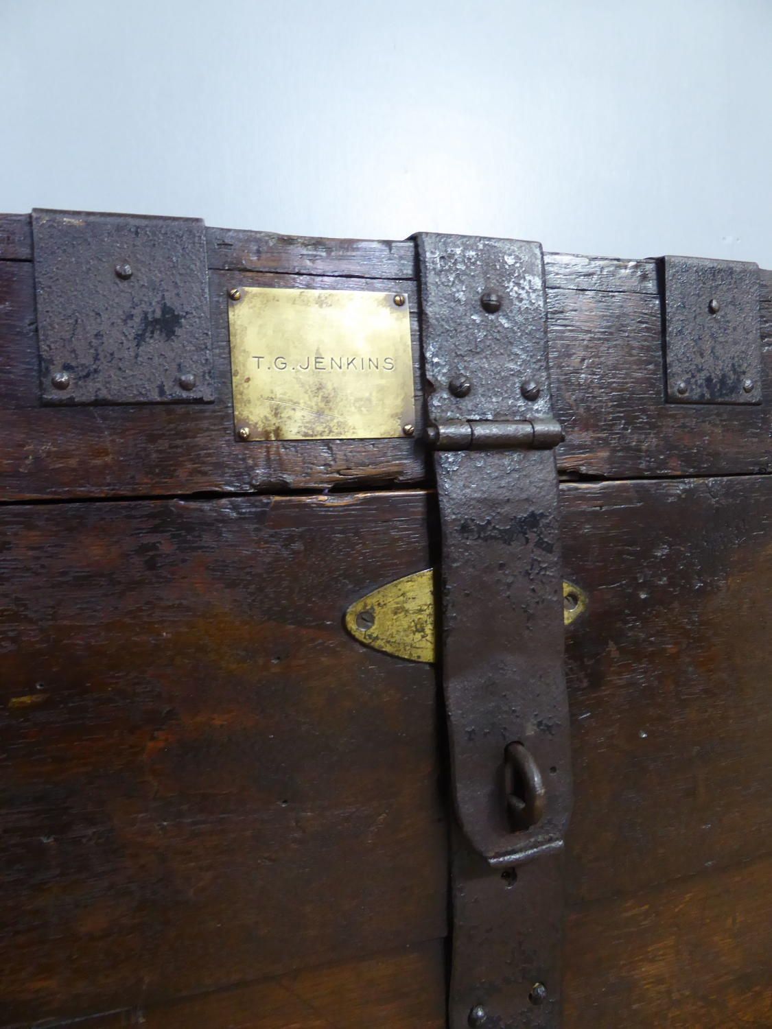 Early 19th C Banded Oak Silver Trunk photo for sale