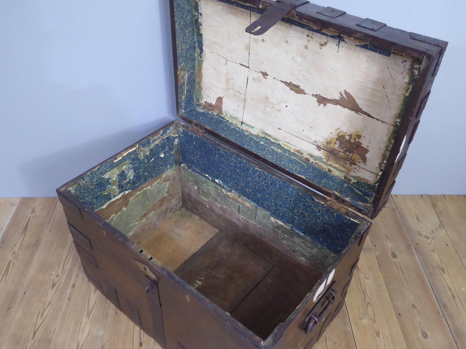 345.0 Early 19th C Banded Oak Silver Trunk photo