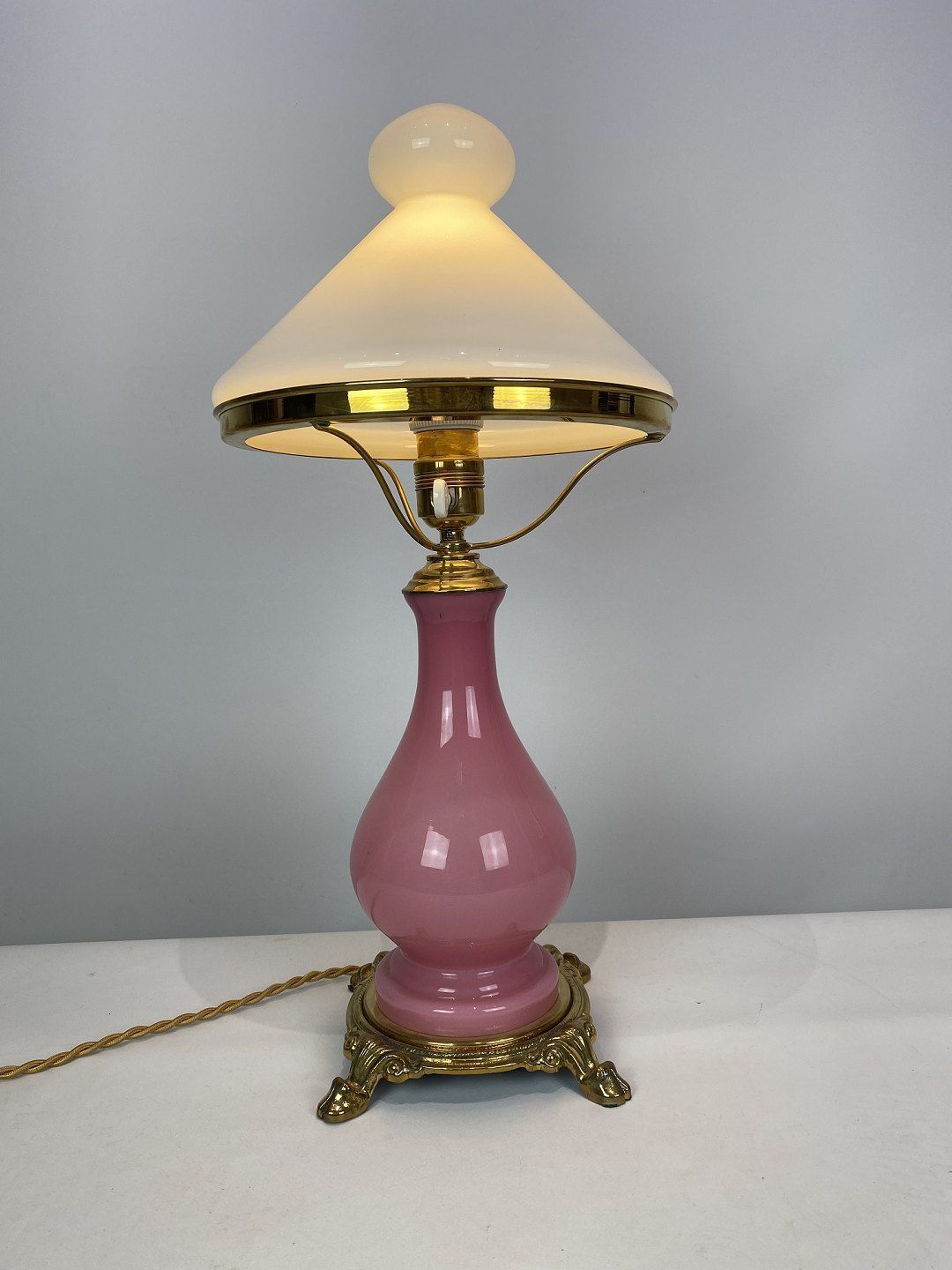 Table Lamp With Frame Of Pink Opaline Glass And Shade Of White Opaline Glass, And Foot Of Brass, By Funen's Glassworks From The 1930s. photo furniture
