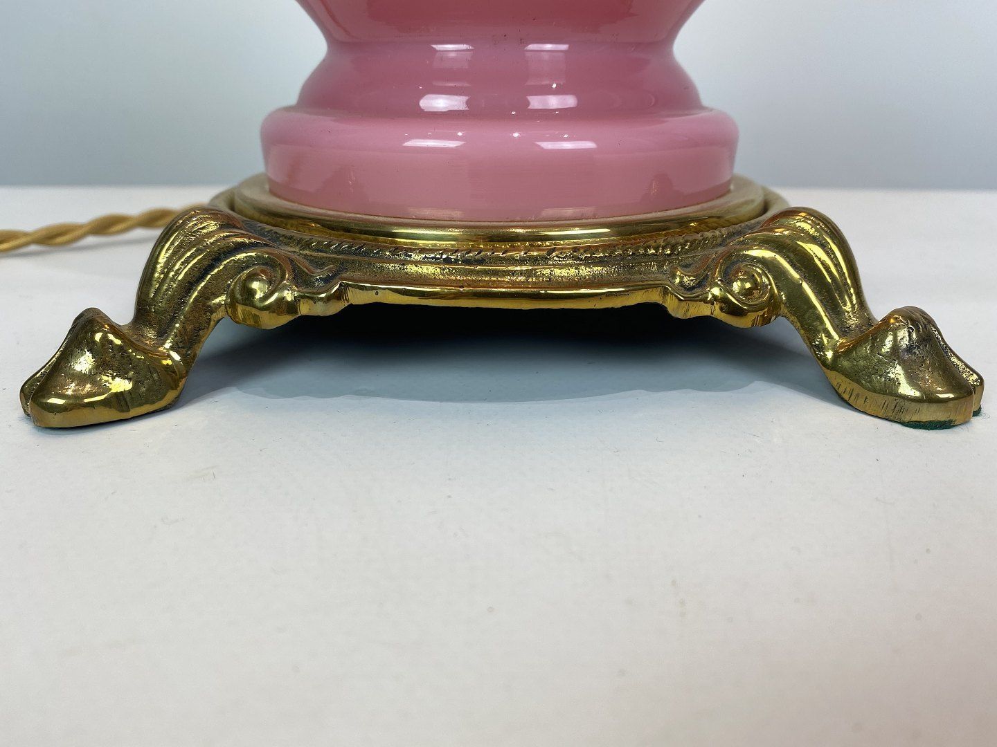 Table Lamp With Frame Of Pink Opaline Glass And Shade Of White Opaline Glass, And Foot Of Brass, By Funen's Glassworks From The 1930s. photo for sale
