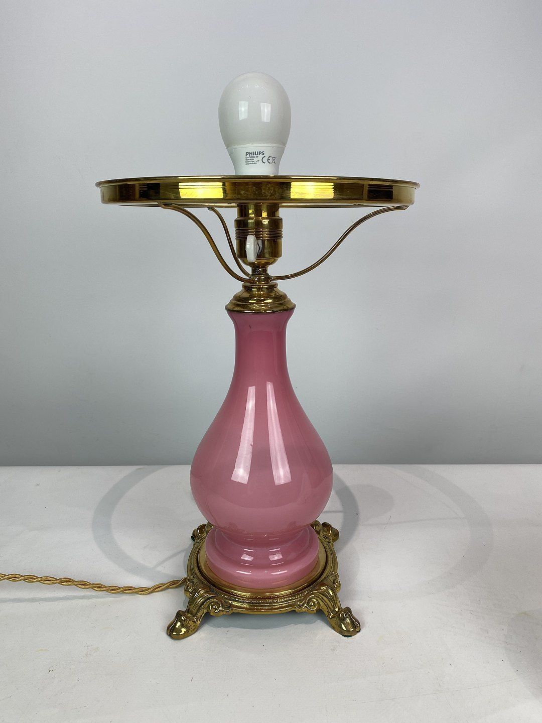 Table Lamp With Frame Of Pink Opaline Glass And Shade Of White Opaline Glass, And Foot Of Brass, By Funen's Glassworks From The 1930s. photo vintage