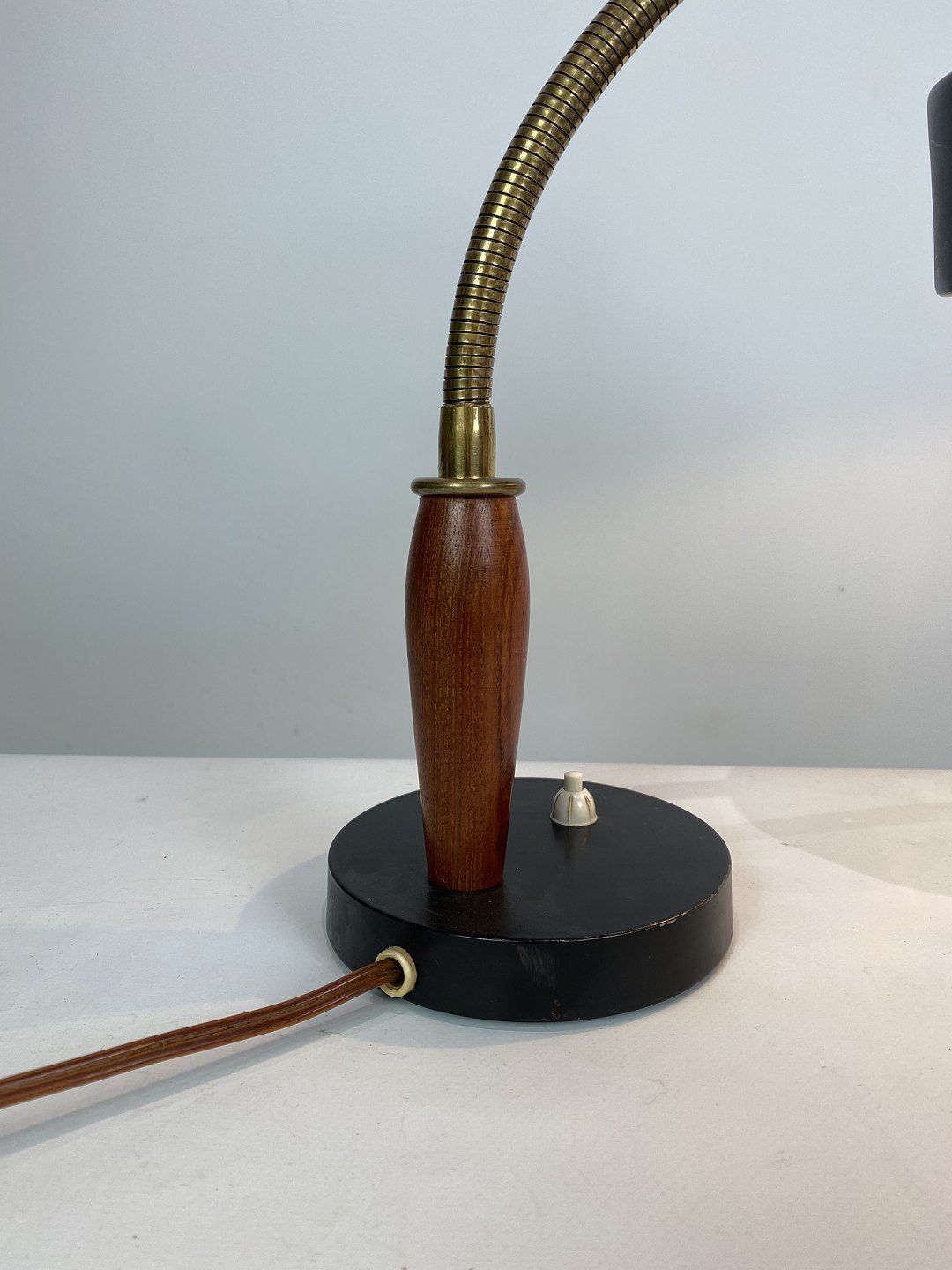 Table Lamp Of Black Metal And Teak Of Danish Design From The 1960s. photo for sale