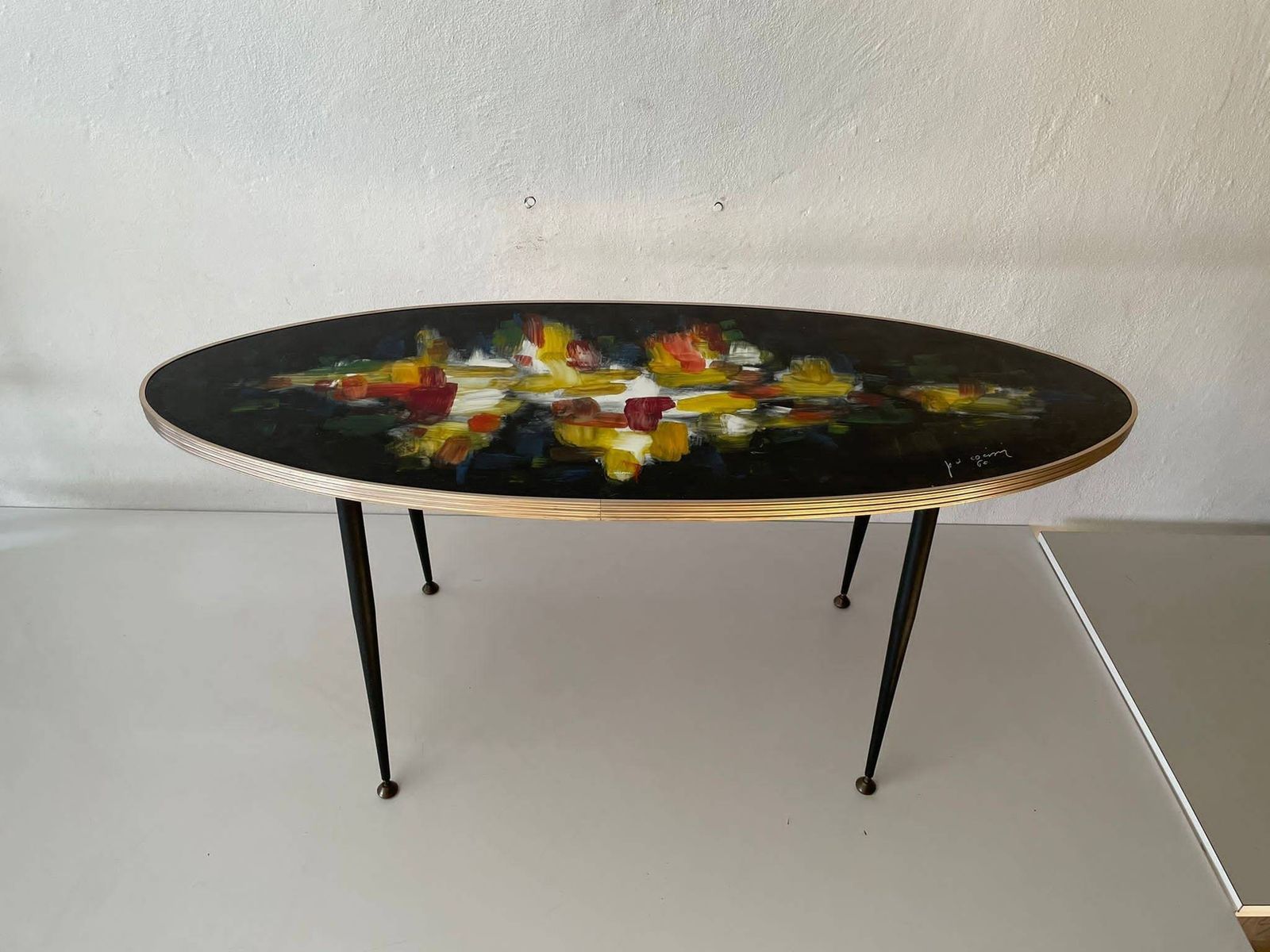 Very Rare Signed Original Oil Paint Top Wooden Oval Shaped Xl Table, 1950s, Italy