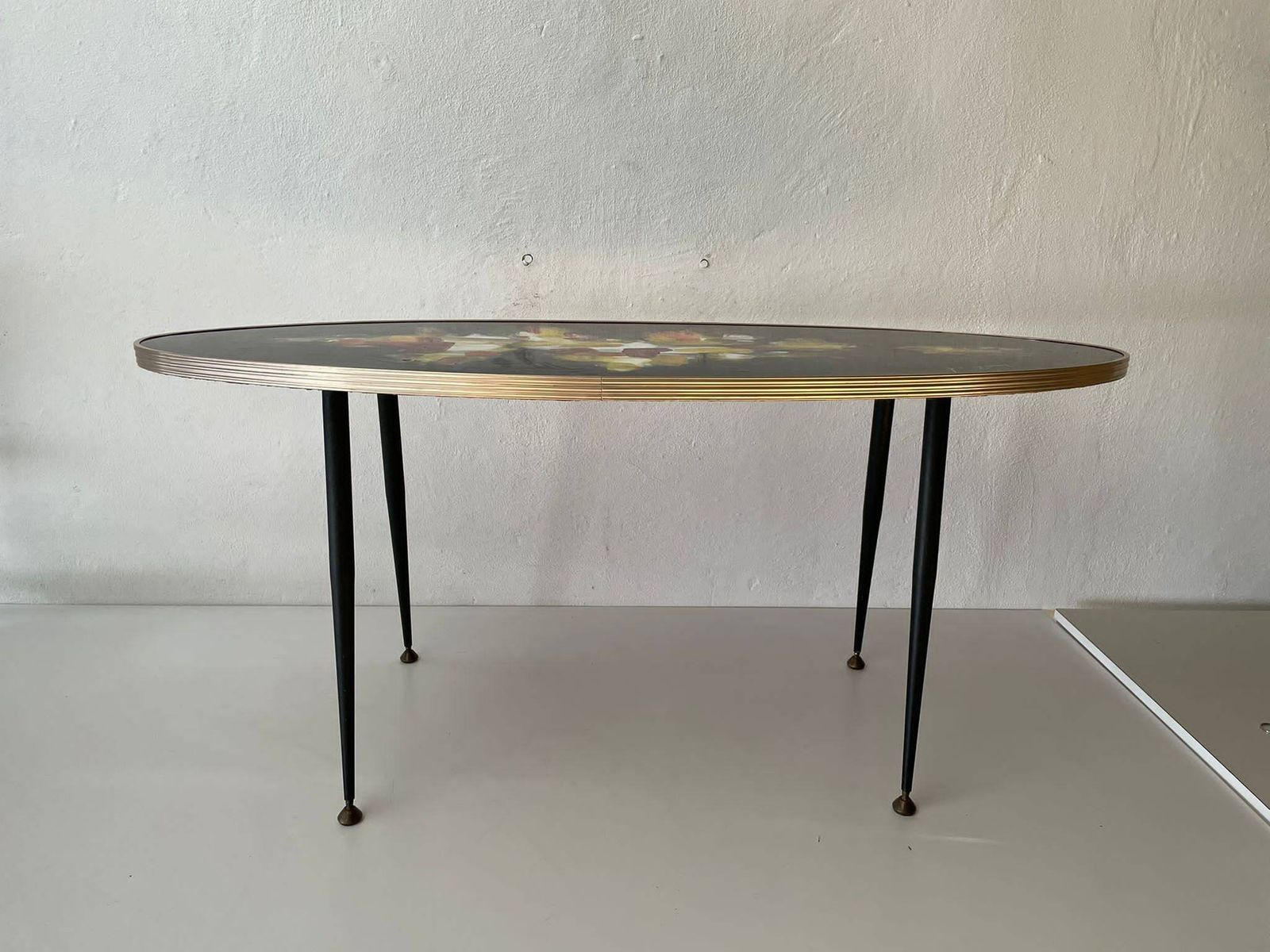 photo furniture Very Rare Signed Original Oil Paint Top Wooden Oval Shaped Xl Table, 1950s, Italy