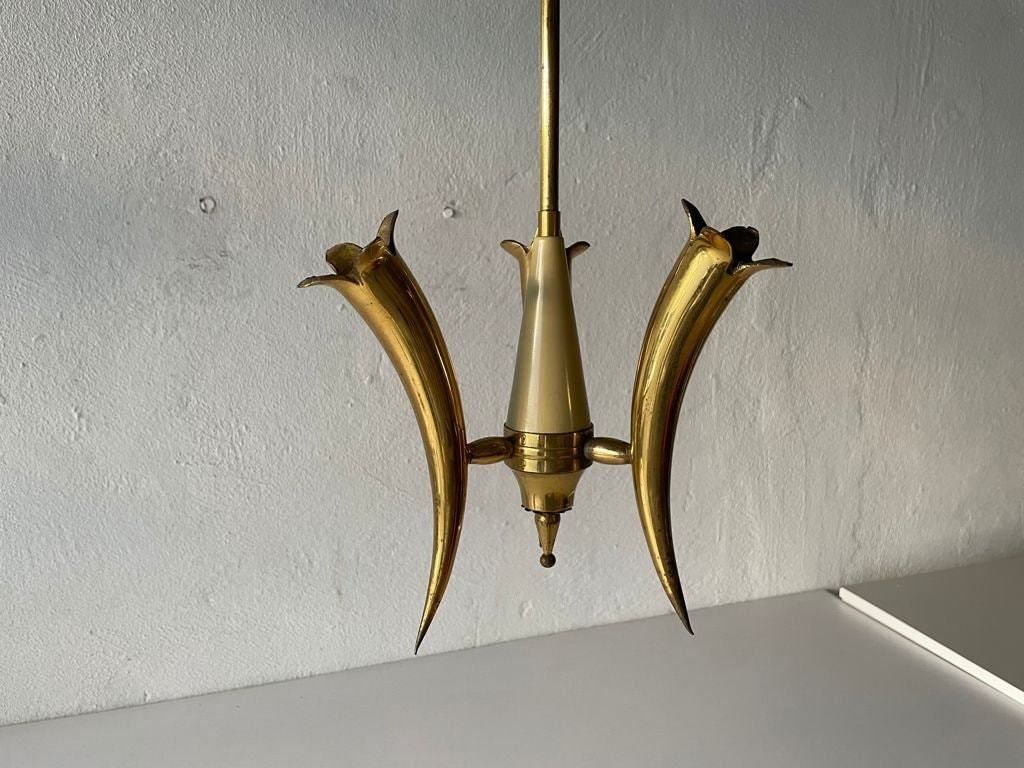 Just Amazing Triple Horn Brass Shade Mid Century Modern Italian Chandelier, 1950s, Italy