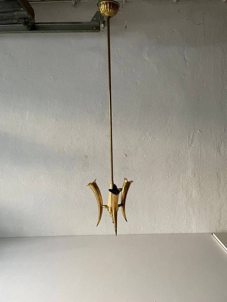 Just Amazing Triple Horn Brass Shade Mid Century Modern Italian Chandelier, 1950s, Italy photo buy