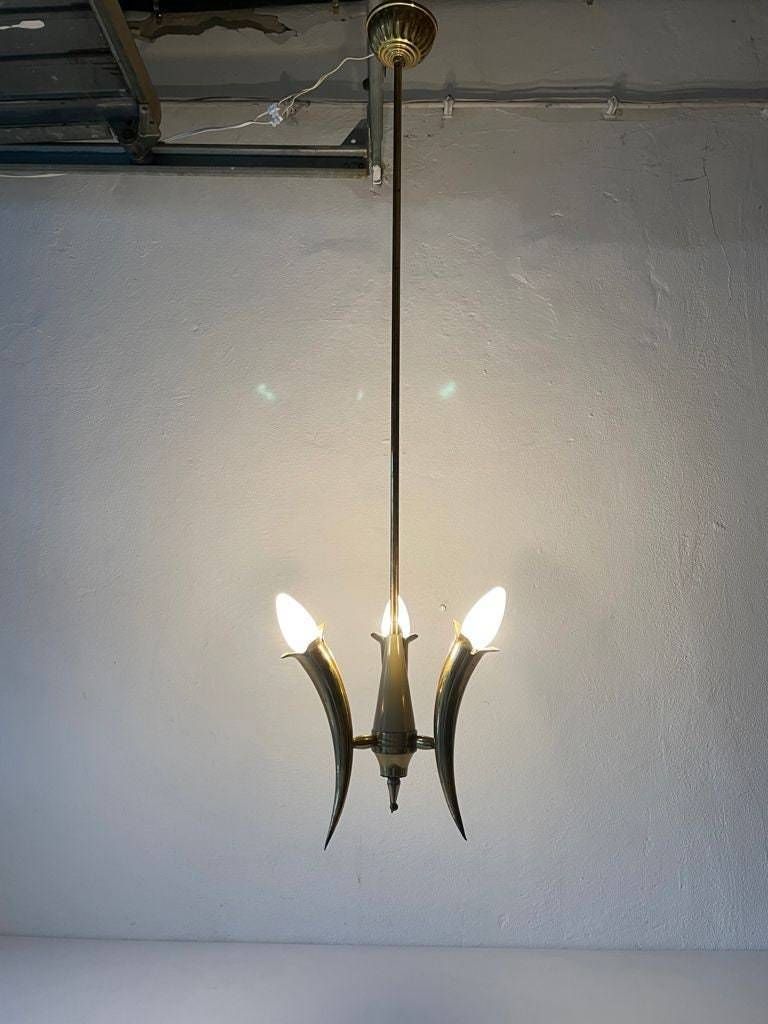 Just Amazing Triple Horn Brass Shade Mid Century Modern Italian Chandelier, 1950s, Italy photo vintage