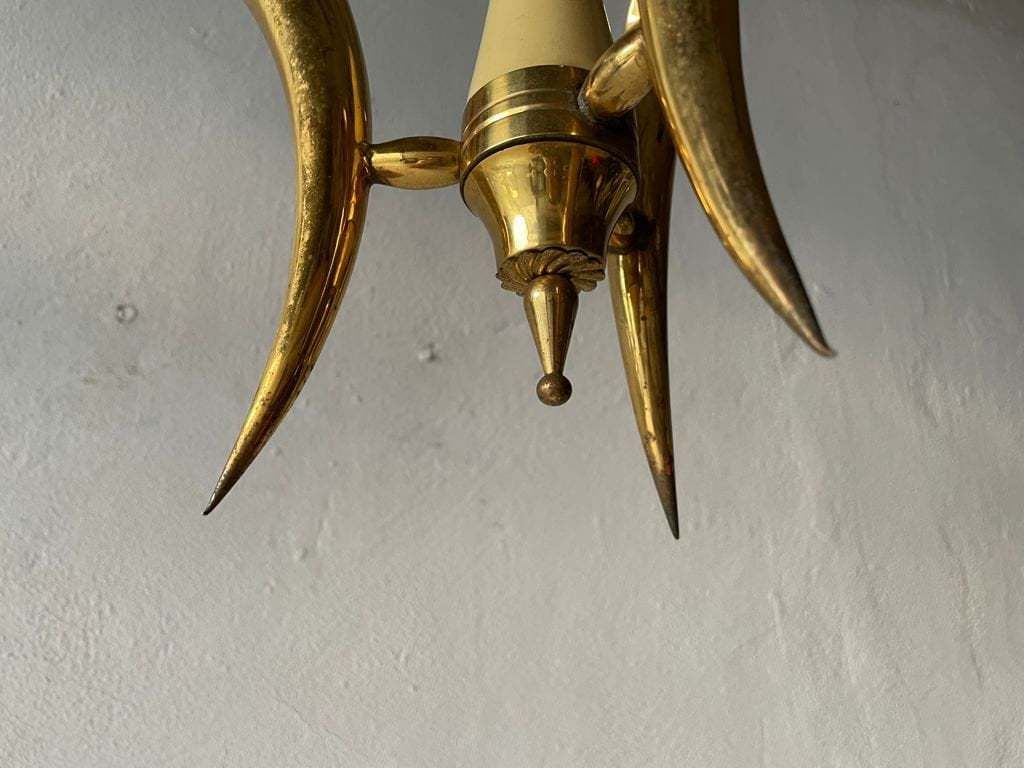 photo for sale Just Amazing Triple Horn Brass Shade Mid Century Modern Italian Chandelier, 1950s, Italy