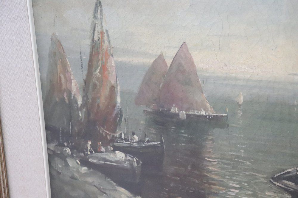 Oil On Canvas Painting Of Marina With Fishermen, 1950s photo for sale