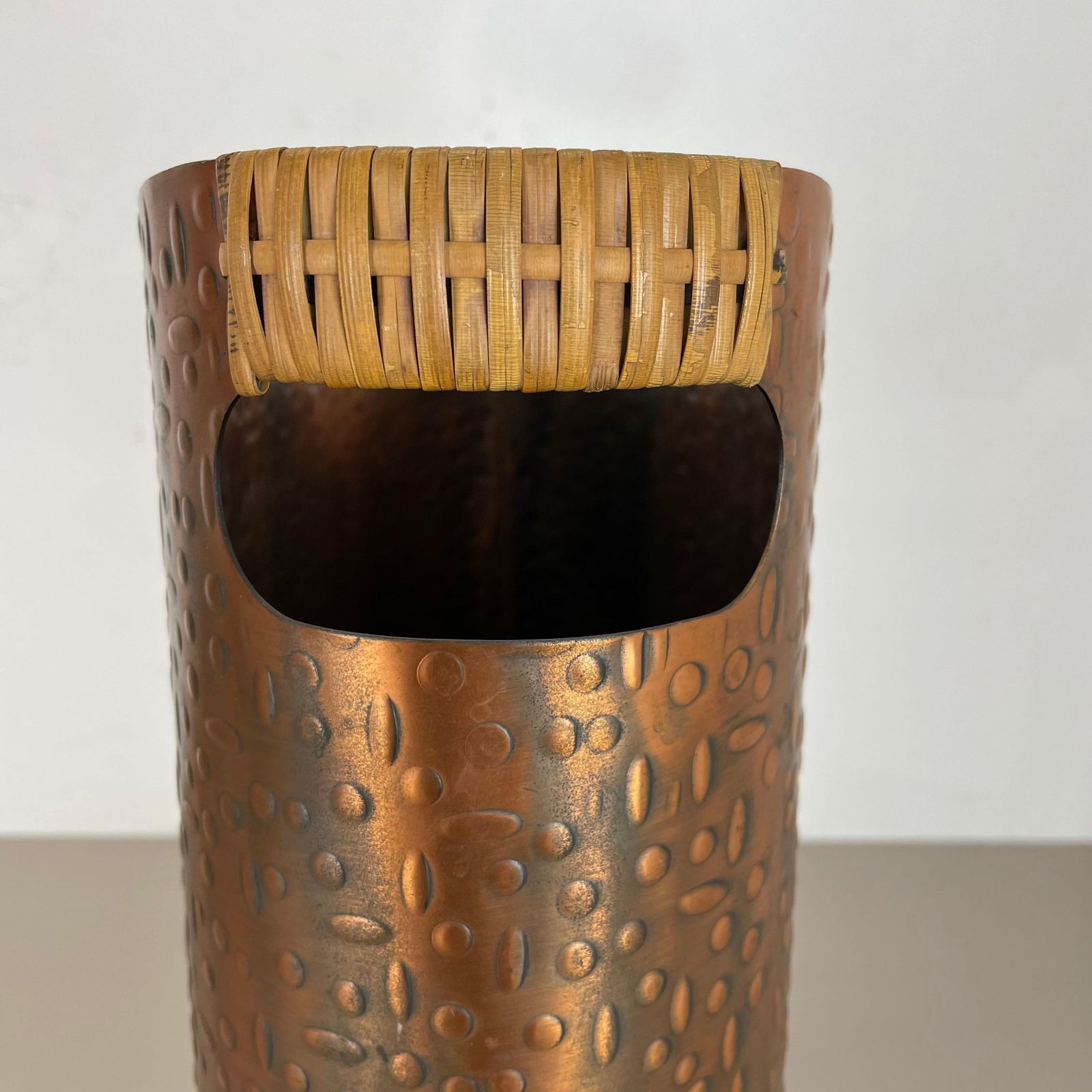 photo for sale Original Metal Copper And Rattan Hollywood Regency Umbrella Stand Germany, 1950s