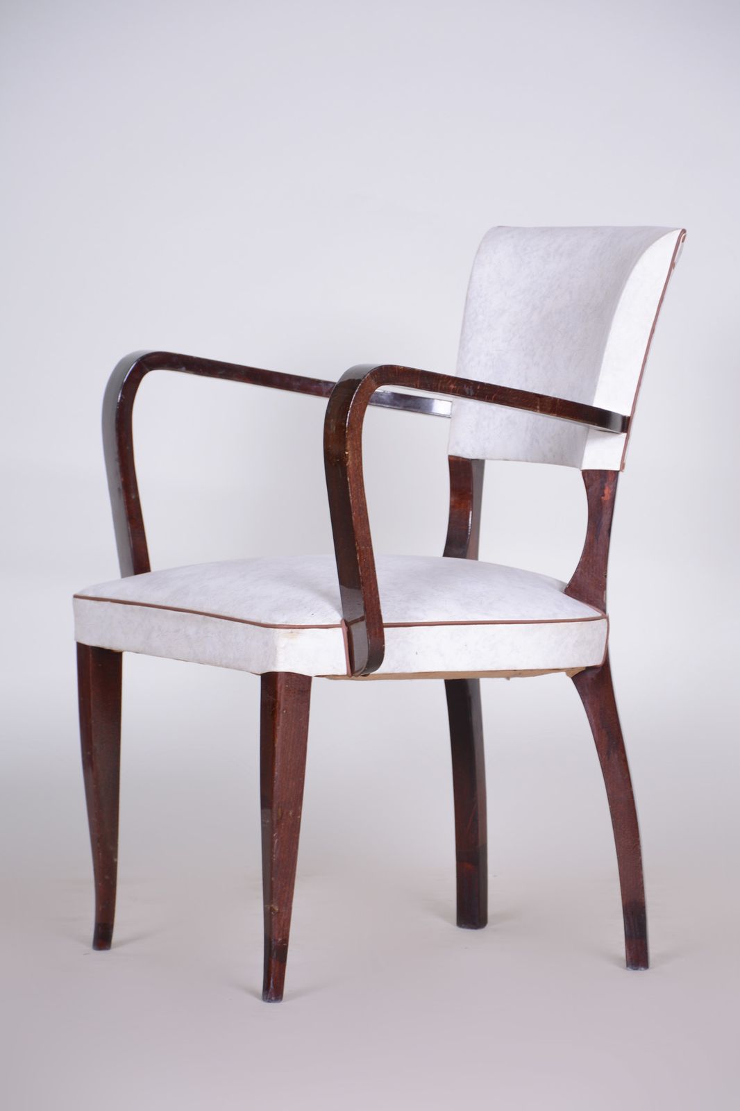 Restored White Armchair Made In France 1930. Upholstered With Artificial Leather. Art Deco