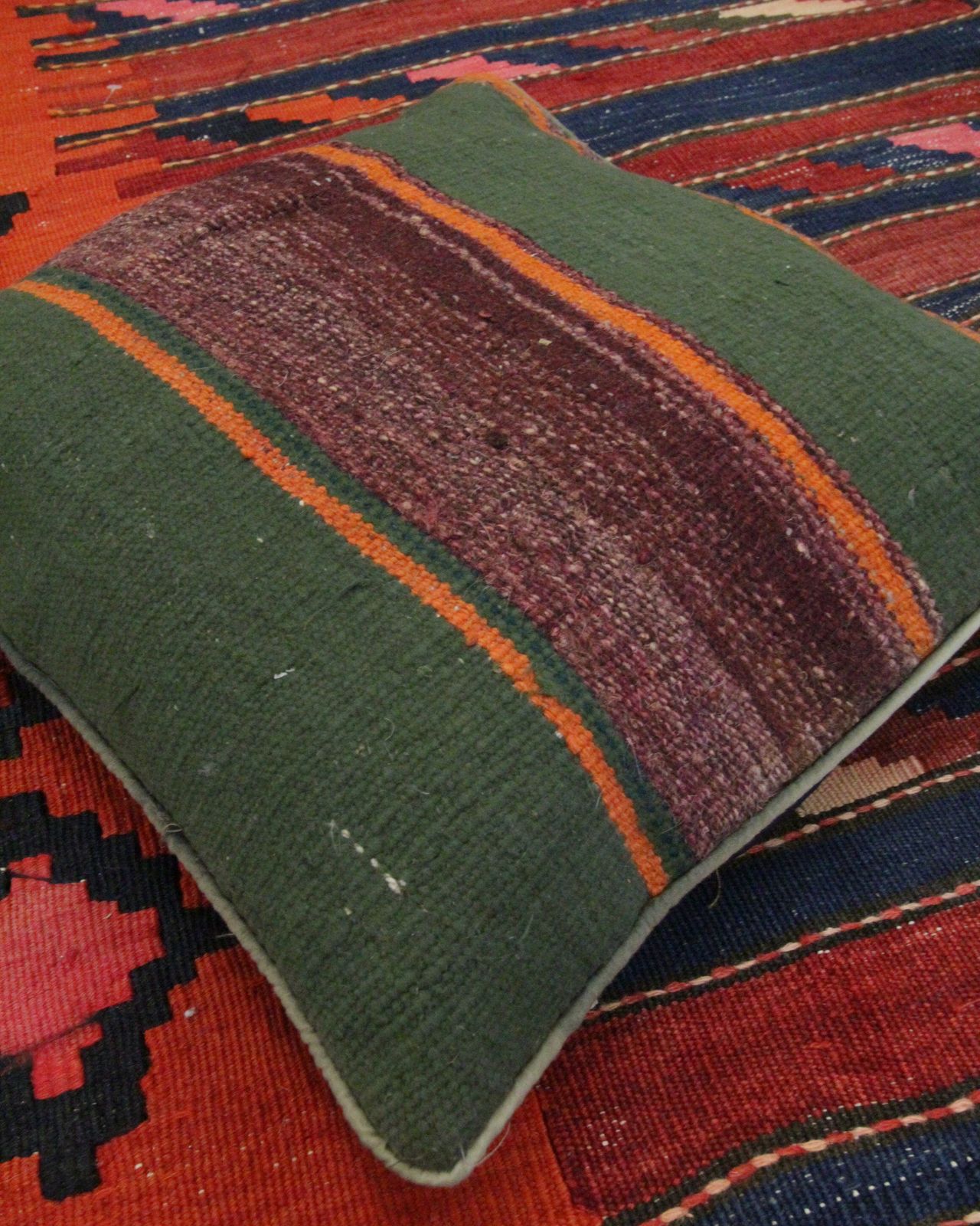 Green Striped Wool Cushion Cover Handmade Scatter Pillow  40x40cm photo vintage
