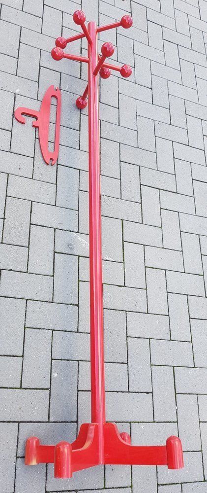 Hallway Coat Rack With Mirror, Shelf And Umbrella Stand In Red, 1970s, Set Of 4 photo Furniture