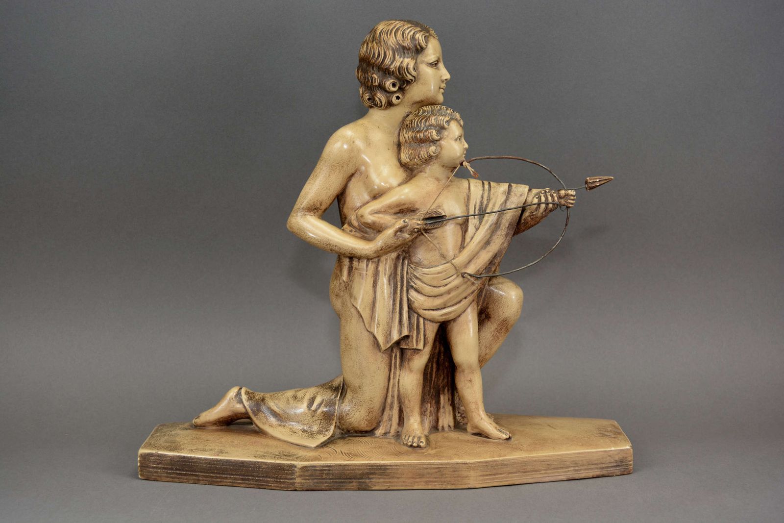 Antique Art Deco Bisque Sculpture Of Mother And Child With Bow And Arr