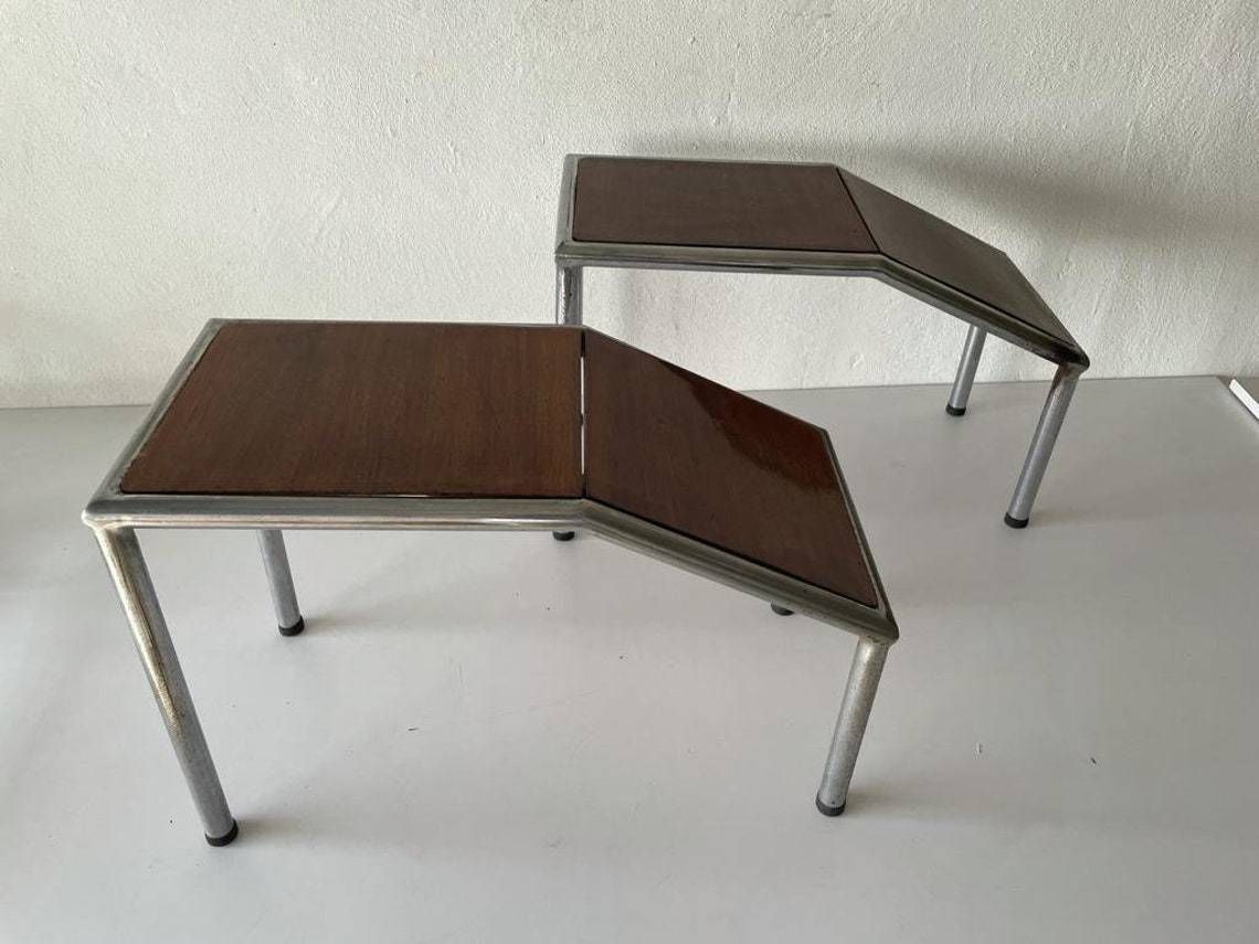 Unusual Italian Design Wooden And Thick Metal Body Pair Of Industrial Side Tables Or Stools1970s Italy photo for sale