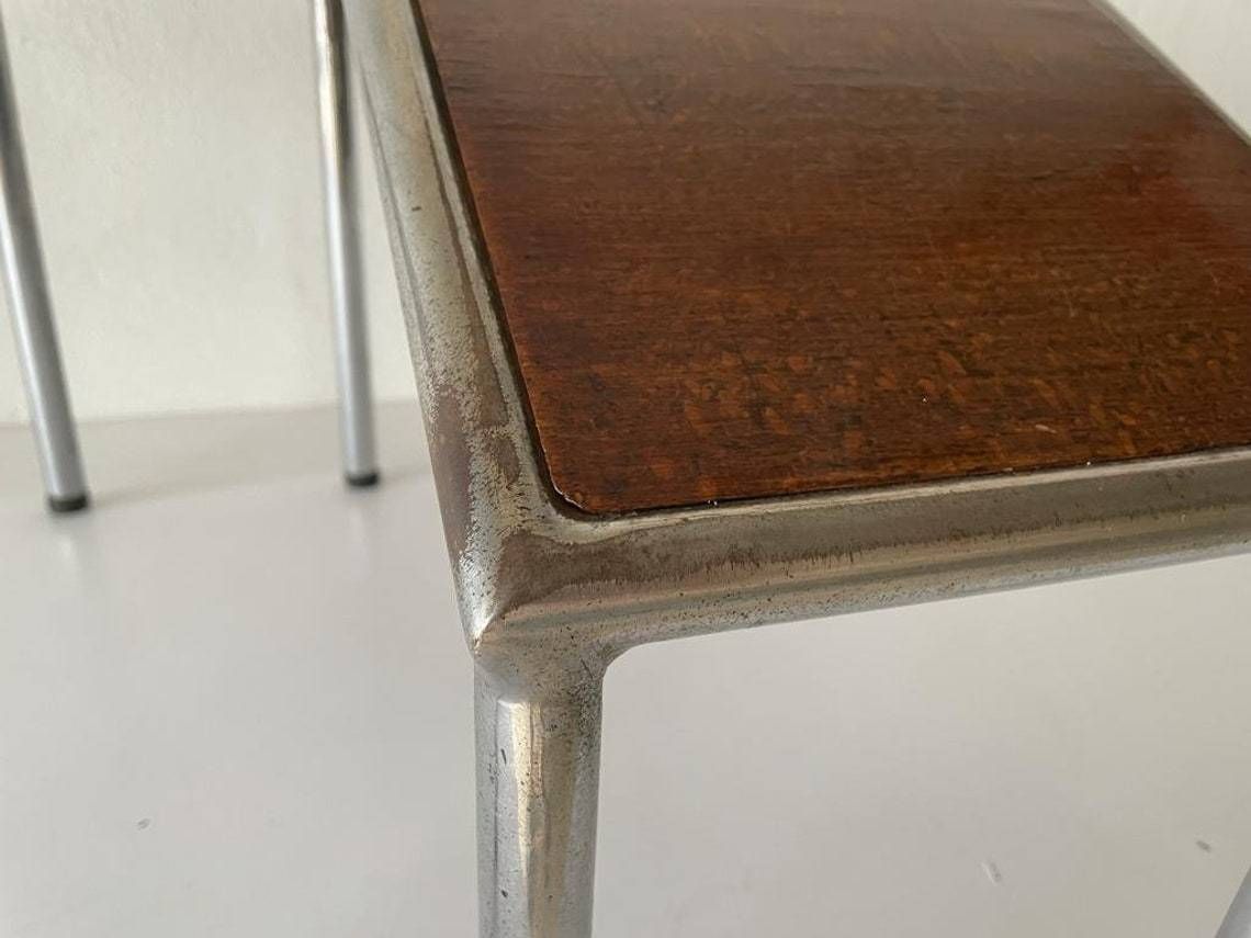 Unusual Italian Design Wooden And Thick Metal Body Pair Of Industrial Side Tables Or Stools1970s Italy photo vintage