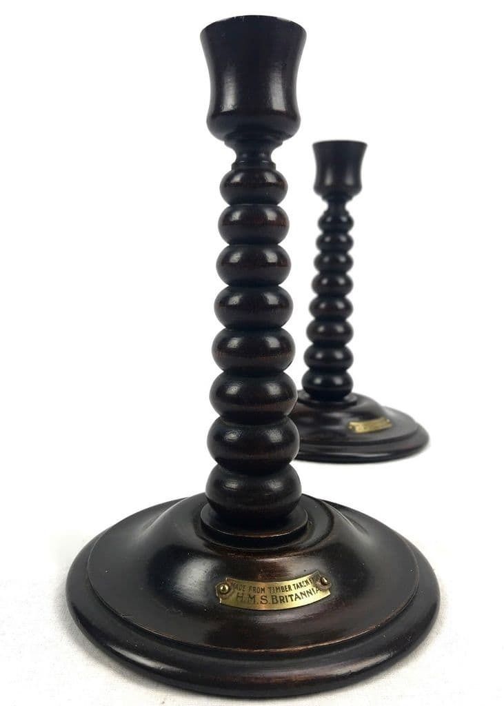 Antique Wood Barley Twist Candle Stick Pair Made From Timber From Hms Britannia photo furniture